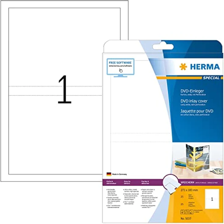 HERMA 5037 CD DVD Einleger für Jewel Case Hüllen perforiert, 25 Blatt, 273 x 183 mm, 1 Stück pro A4 Bogen, 25 Papier-Cover, bedruckbar, matt, blanko Inlays aus Karton, weiß – Bild 1