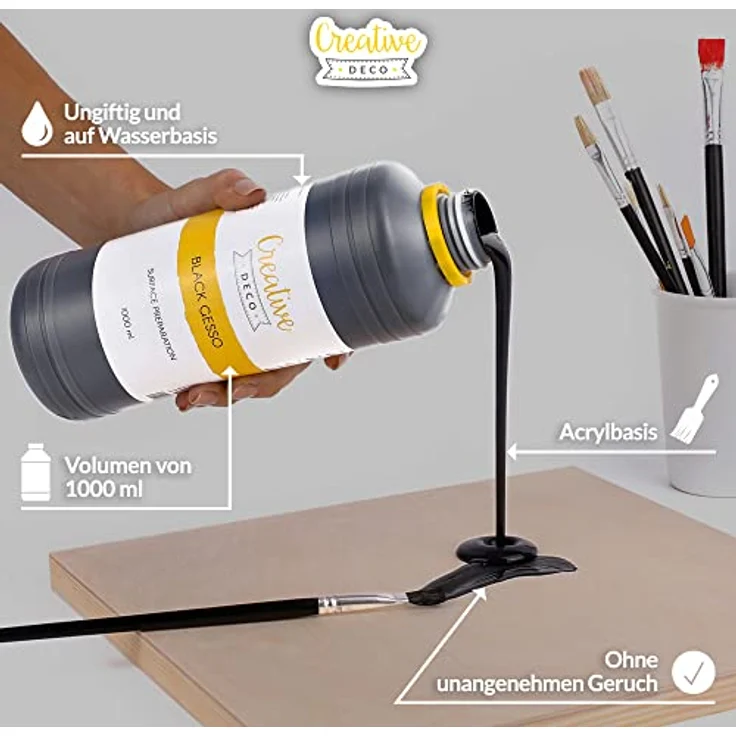 Creative Deco Professionell Schwarze Gesso, 1L Grundierung für Acryl- und Öl-Farben, wasserbasis, ungiftig, universell einsetzbar – Bild 3
