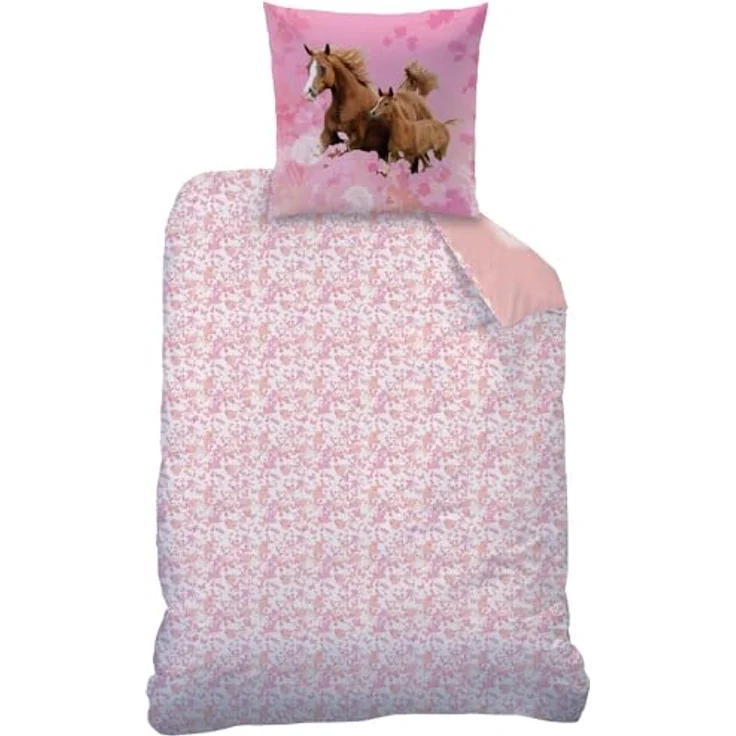 Matt&Rose Pferde-Bettwäsche 135x200 Mädchen 80x80 cm 100% Baumwolle Biber/Flanell Kinder Bettwäsche Set Mädchen Wende-Bettwäsche rosa, braun, Blumen, Horse – Bild 4