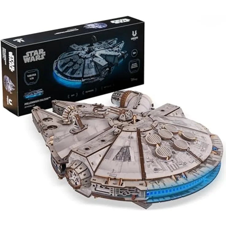 UGEARS Star Wars™ Millennium Falcon™ 3D Holzpuzzle, Modellbausatz mit 1235 Teilen und LED-Beleuchtung für Erwachsene, perfektes Geschenk für Star Wars Fans