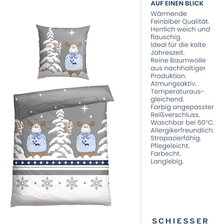 Schiesser Feinbiber Bettwäsche Set Kitta mit coolem Winter-Print, Farbe:Grau und Hellblau, Größe:135 cm x 200 cm – Bild 4