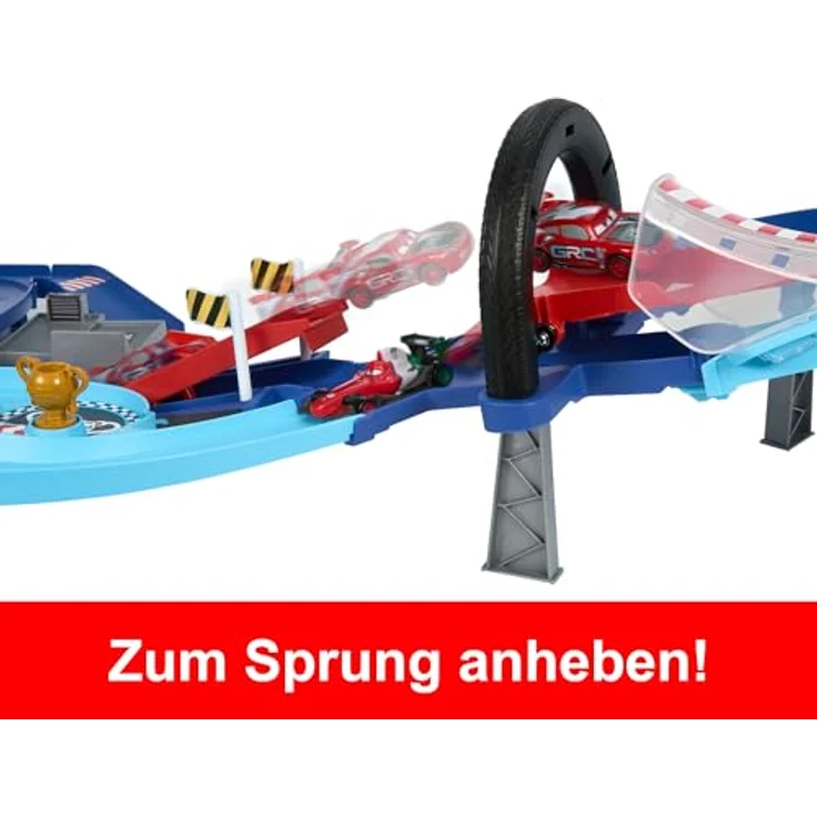 Mattel Disney und Pixar Cars GRC Sprung-Rennstrecke Trackset mit 2 Spielzeugautos, Lightning McQueen und Francesco Bernoulli, manuellem Beschleuniger, HXJ32 – Bild 2