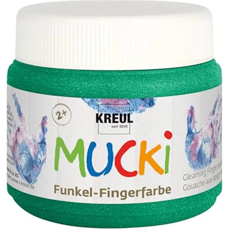 KREUL MUCKI Funkel Fingerfarben, 6 Glitzerfarben in Diamanten-Blau, Zauber-Lila, Feenstaub-Rosa, Drachen-Silber, Smaragd-Grün, Goldschatz, vegan, gut auswaschbar – Bild 6