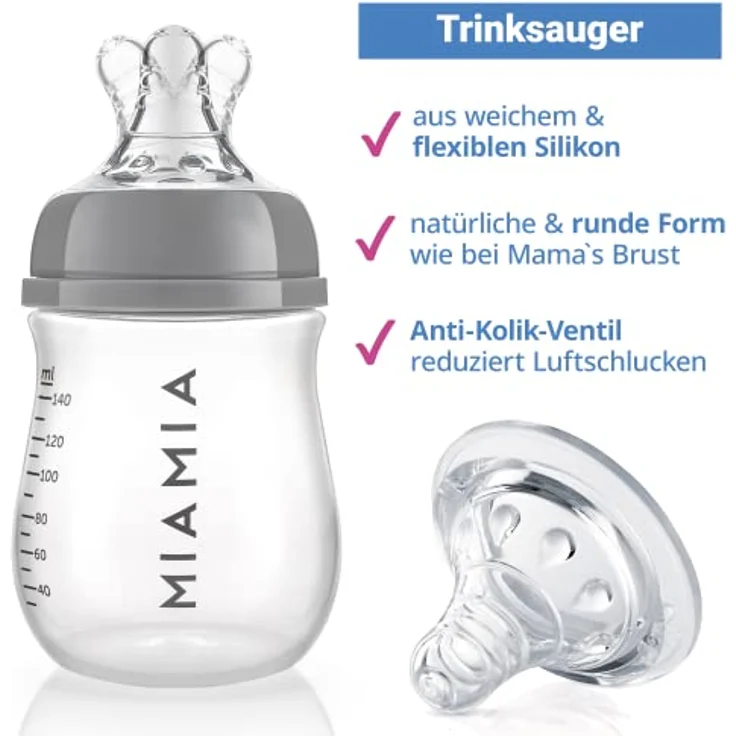 MiaMia Babyflasche PP-Flasche - Grau, 3er Pack Babyflasche 140 ml + Silikon-Trinksauger Größe S – Bild 3