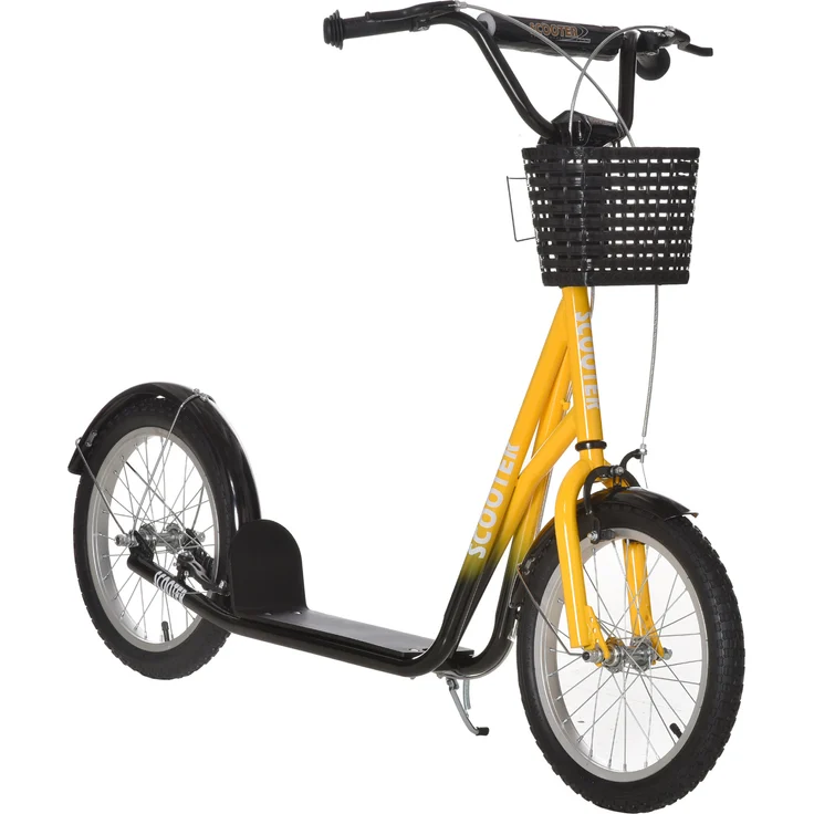 HOMCOM Kinder Roller Tretroller mit höhenverstellbarem Lenker, großen Gummirädern, 2 Bremsen, Korb und Becherhalter, orange-schwarz, für 5-12 Jahre