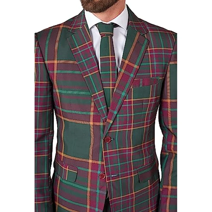 OppoSuits Mixed Mesh Anzug, rot-grün kariert im Tartan-Look, Slim Fit Design mit 4 Innentaschen und passender Krawatte, Größe 54 – Bild 7