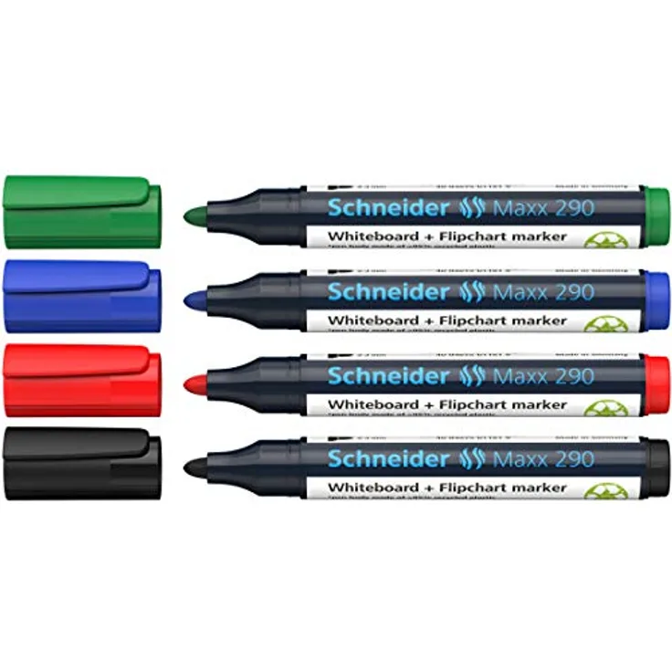 SCHNEIDER Whiteboard Marker 290, 4er Set, Schnelltrocknende geruchsarme Tinte mit Rundspitze für Whiteboards und Flipcharts