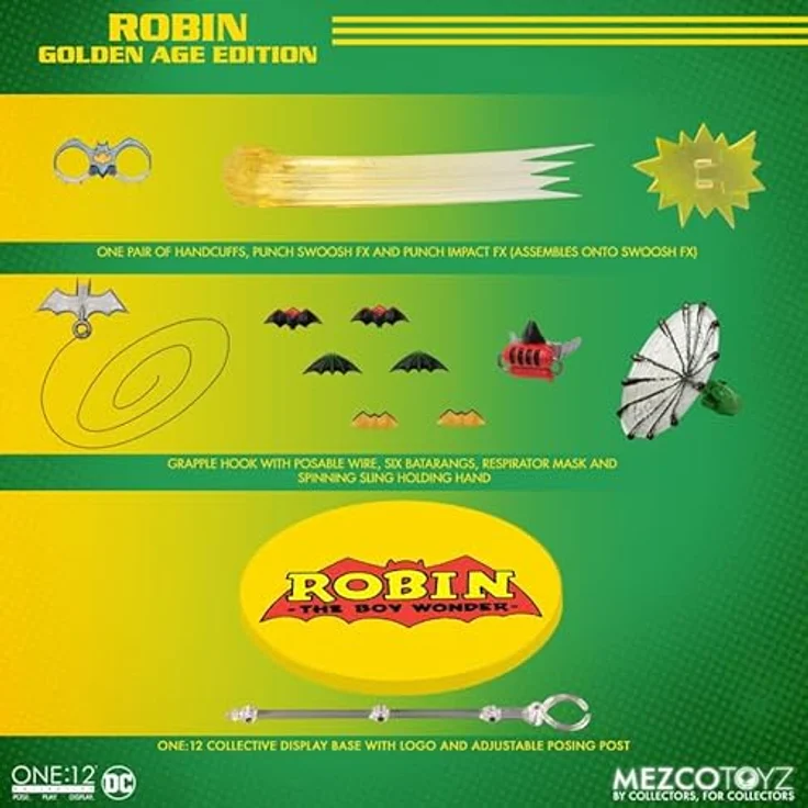 Mezco One:12 Collective Robin: Golden Age Edition, Actionfigur mit 32 Gelenkpunkten, 3 austauschbaren Köpfen, 9 Händen, ca. 16 cm hoch – Bild 3
