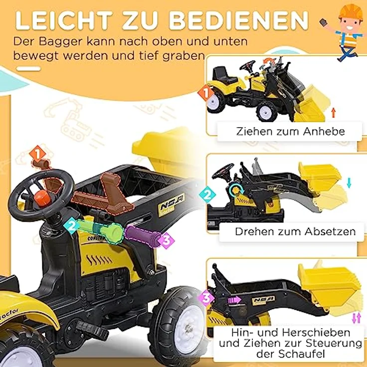 HOMCOM Trettraktor Sitzbagger, Aufsitzbagger mit Schaufel Rutscherfahrzeug, für 3-jährige Kinder, Schwarz/Gelb – Bild 3