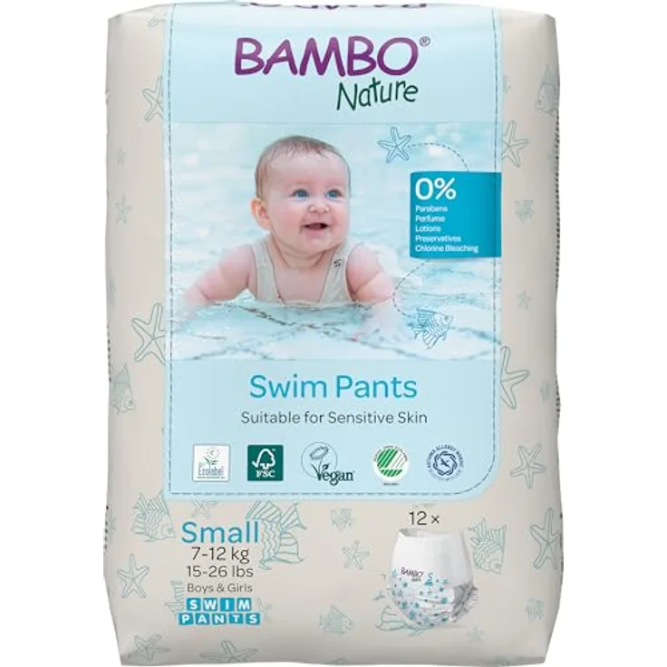 Bambo Nature Schwimmwindel Baby, Größe S (7-12 kg), 12 St. Einweg-Badehose mit Secure-Fit, auslaufsicherem Komfort und elastischem Bund