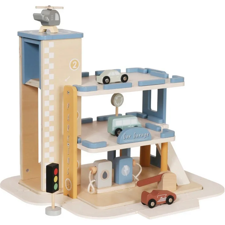 TikTakToo Holz Spiel-Parkgarage mit 3 Ebenen, Autos, Helikopter & Aufzug, Pastellfarben, 33,5 x 25 x 32,2 cm, für Kinder ab 3 Jahren