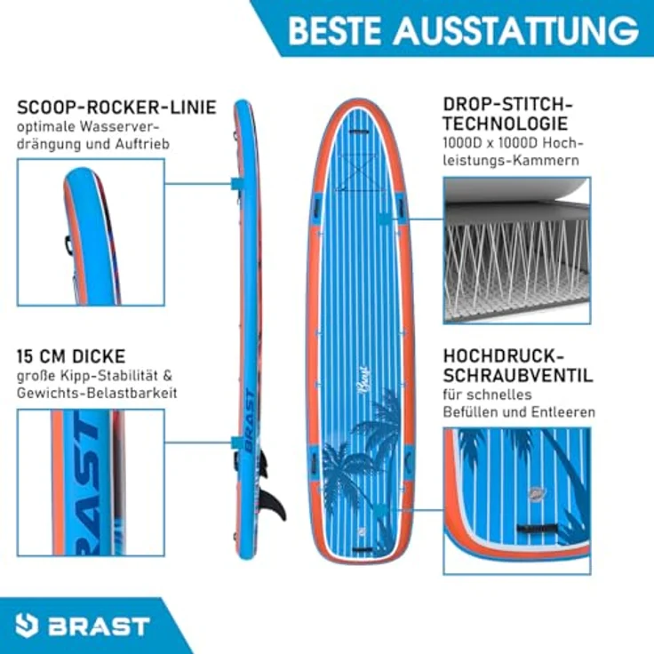 BRAST® SUP Board Family XXL, aufblasbares Stand Up Paddle Set 370x87x15cm bis 210kg, inkl. 2 Kajaksitze, 2 Paddel, Pumpe, Rucksack, Design Sunset – Bild 3