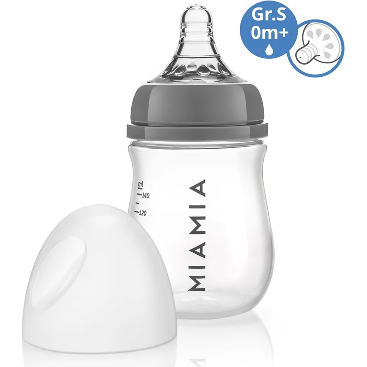 MiaMia PP-Flasche 140 ml, Babyflasche mit Silikon-Trinksauger Gr.S, grau, BPA-frei, Anti-Kolik-System, spülmaschinengeeignet