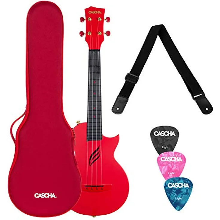 CASCHA Ukulele Carbon Fibre Red Set, Concert Ukulele mit hochwertigem Carbon-Korpus und warmem Klang