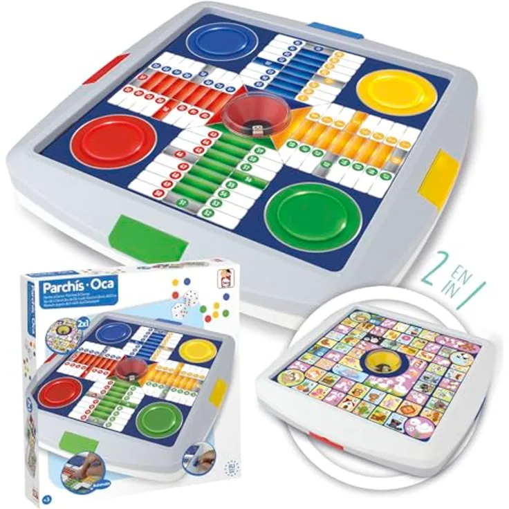Chicos - Parchis und Oca Spiele Automatisches | 2-in-1-Brettspiele mit automatischem Würfelkasten und sicherem Deckel | ideal für Familien, Reiseformat, ab 3 Jahren (64001)