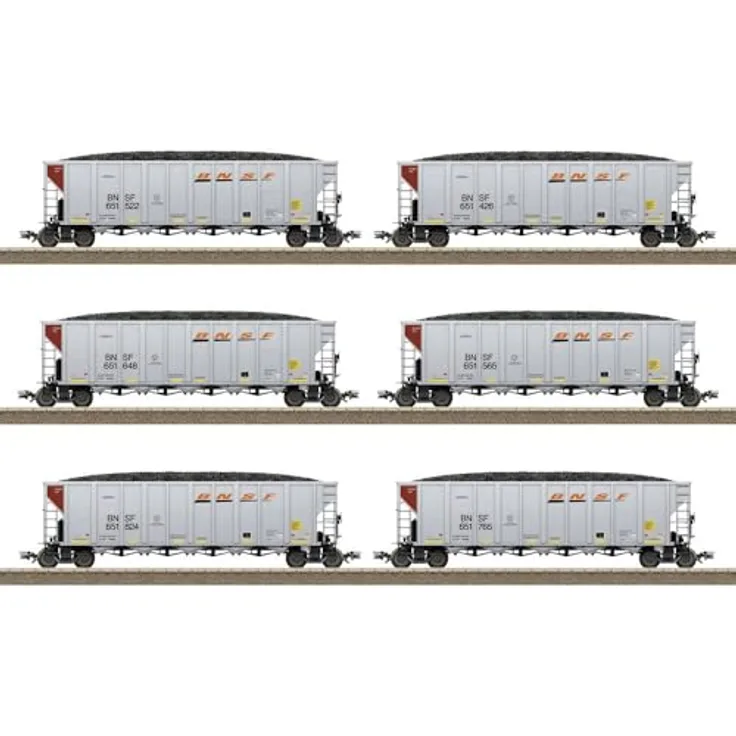 TRIX H0 24911 H0 12er-Set US Hopper Cars der BNSF, Modelleisenbahn-Wagen mit Ladeguteinsatz Kohle, ideal für Ganzzüge, blau