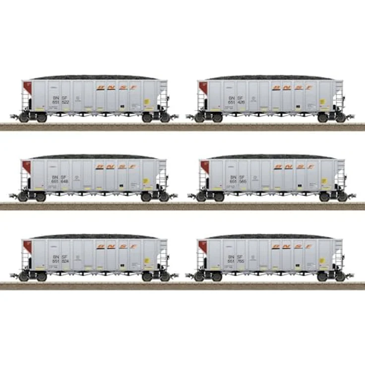 TRIX H0 24911 H0 12er-Set US Hopper Cars der BNSF, Modelleisenbahn-Wagen mit Ladeguteinsatz Kohle, ideal für Ganzzüge, blau – Bild 1
