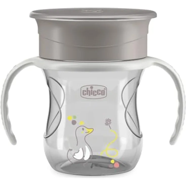 Chicco Perfect First Baby Trinklernbecher 200 ml, auslaufsicherer 360° Becher mit abnehmbaren Griffen, BPA-frei, Grau, für Kinder ab 12 Monaten