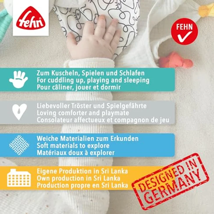 Fehn 060140 Schmusetuch Bär | Schnuffeltuch mit Bär-Köpfchen zum Greifen, Fühlen, Knuddeln und Liebhaben | Für Babys und Kleinkinder ab 0+ Monaten, Bär, Bruno – Bild 8