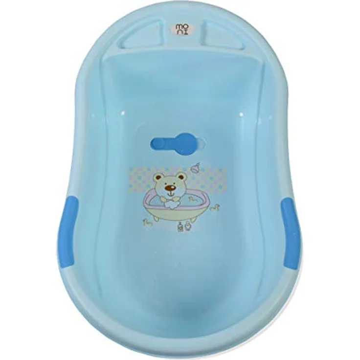 Moni Babybadewanne Lilly platzsparend mit Wasserablauf, Ablagefächer für Zubehör blau – Bild 4