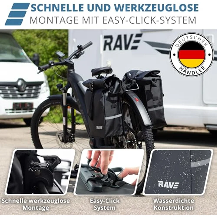 RAVE Fahrradtasche Gepäckträgertasche Voyage (Paar) - Wasserfest, Easy-Click-System, Netz-Seitentasche - Schwarz – Bild 4