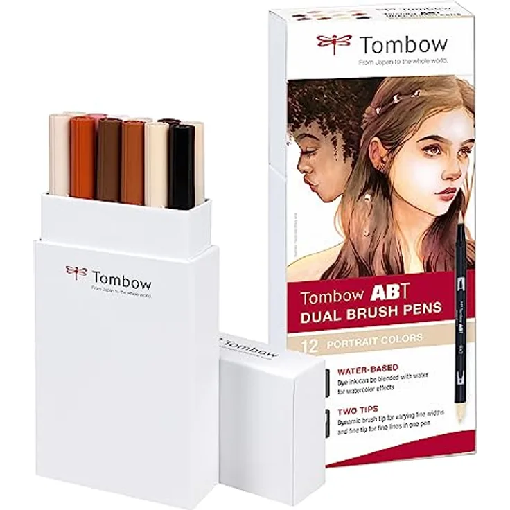 Tombow ABT Dual Brush Pen, Portrait Colors, Stift mit zwei Spitzen, wasservermalbar, ABT-12P-4, 12er Set