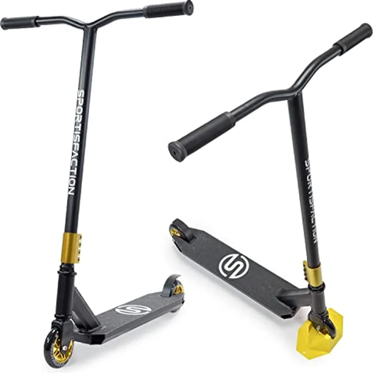 Sportisfaction Stuntscooter Gold, Profi Roller mit ABEC11 Kugellagern, 4-fach Klemme, robustes Alu-Deck 50x11cm, belastbar bis 100kg