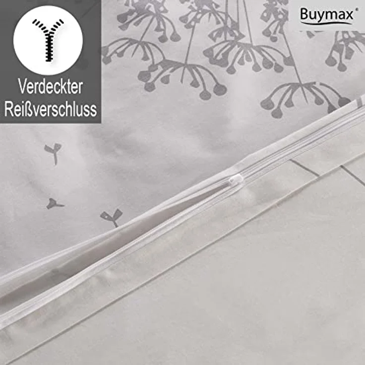 Buymax Bettwäsche 135x200 Baumwolle 2-Teilig Bettgarnitur mit Bettbezug und Kissenbezug 80x80 Renforce Bettwäsche-Set Botanisch Pusteblume Dandelion, Weiß Grau – Bild 4