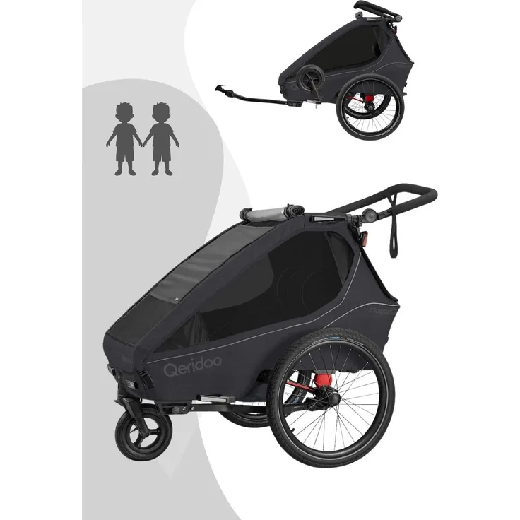 Qeridoo Kidgoo 2, Kinderfahrradanhänger für 2 Kinder mit innovativen Details, Sicherheit und Komfort, Modell 2026, Farbe: Phantom Grey