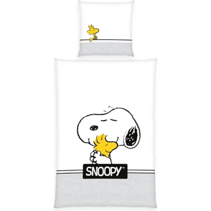 Herding Bettwäsche Peanuts, Snoopy, Kopfkissenbezug 80 x 80 cm mit Wende-Motiv, Bettbezug 135 x 200 cm, Mit Reißverschluss, 100% Baumwolle/Renforcé