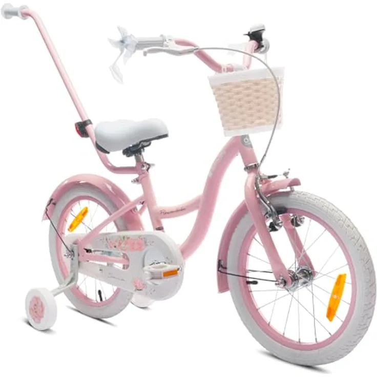 Sun Baby Mädchenfahrrad 16 Zoll Flower Bike mit Abnehmbarer Schubstange, Rosa, für Mädchen von 2-6 Jahre