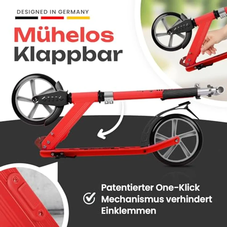 Rollkönig ® Faltbarer City-Scooter für Kinder ab 5 Jahren, großer Tret-Roller mit 100kg Tragkraft, verstellbare Lenkerhöhe, rot – Bild 2