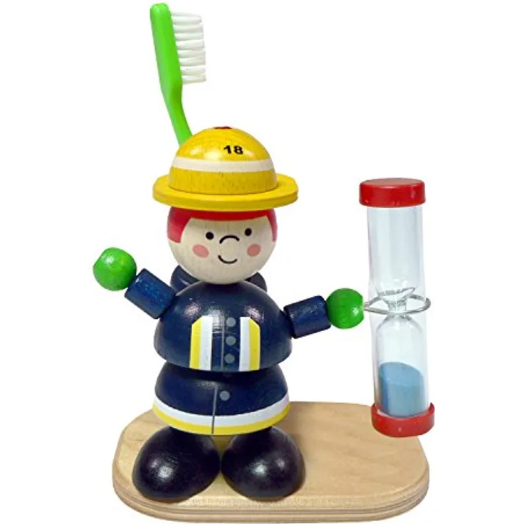 Hess Holzspielzeug 14575 - Zahnputzuhr aus Holz für Kinder, Serie Feuerwehrmann Fred, inkl. Bürstenhalter und drehbarer Sanduhr, handgefertigt, zur täglichen Nutzung beim Zähneputzen