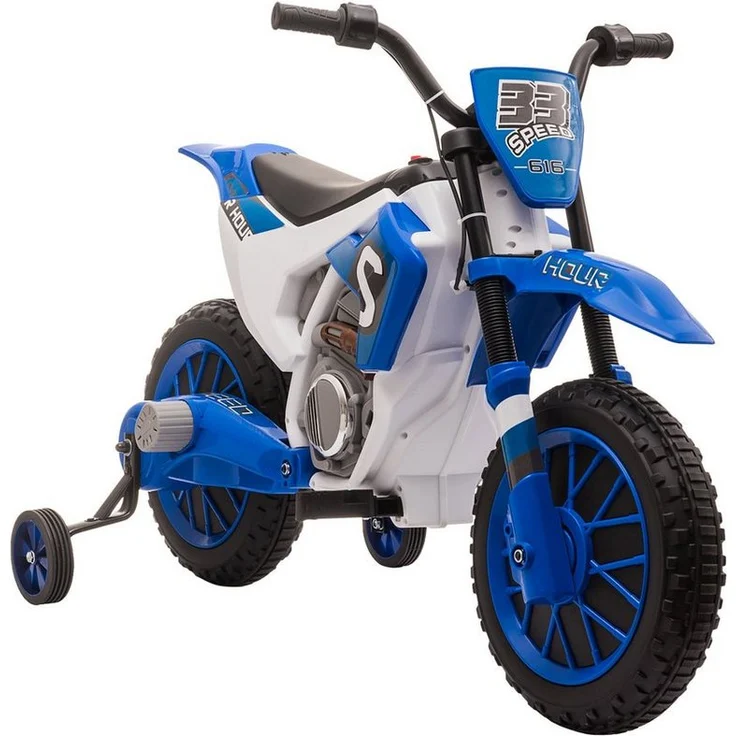 HOMCOM Elektro-Kindermotorrad Elektrofahrzeug Blau+Weiß, mit 2 abnehmbaren Stützrädern, Belastbarkeit 30 kg, 106.5L x 51.5B x 68H cm – Bild 1