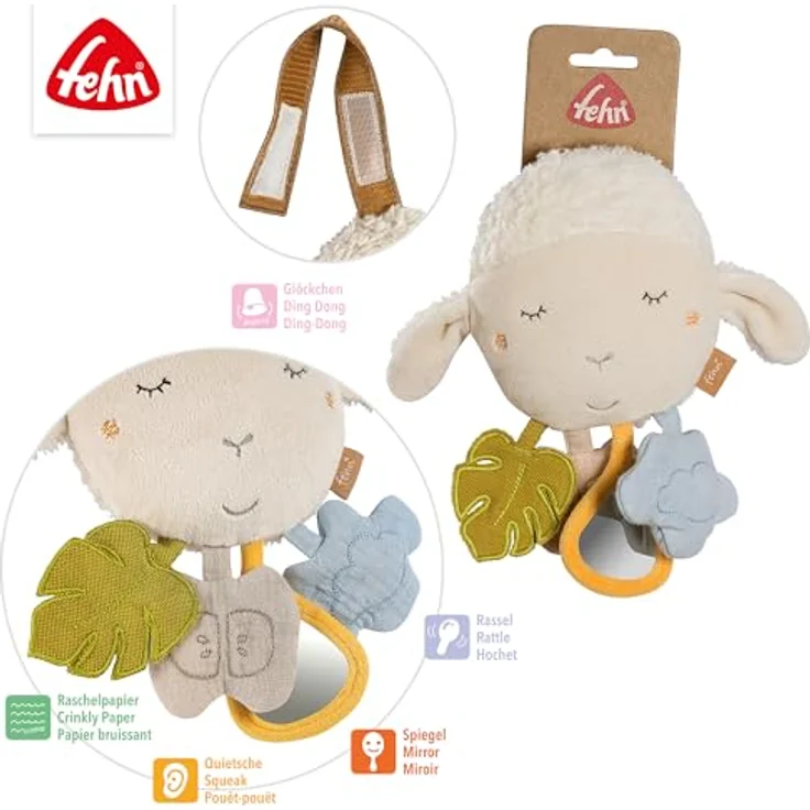 Fehn Greifspielzeug fehnNATUR, Activity-Schaf mit Geräuschen und Anhängern aus Bio-Baumwolle, zur Befestigung an Kinderwagen, Babyschale oder Bett – Bild 6