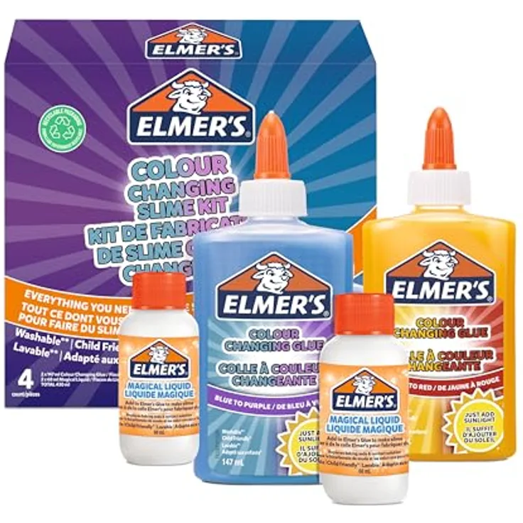 Elmer’s Colour Changing Slime Set, 4-teiliges Kit mit farbwechselndem Kleber blau/lila und gelb/rot, inklusive UV-aktivierter Schleim-Aktivator-Lösung