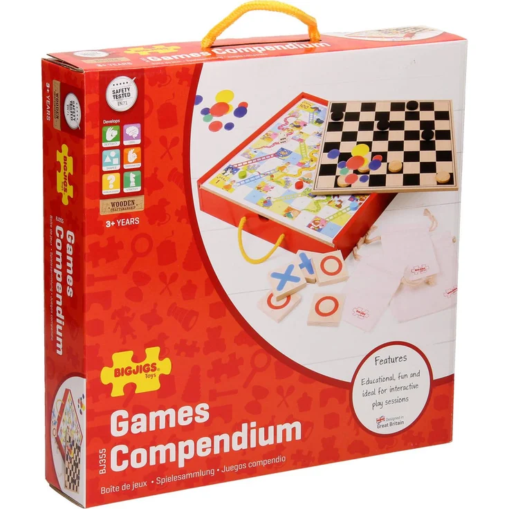 Bigjigs 4in1 Holzbrettspiele, Multilingual Set mit Dame, Leiterspiel, Flohspiel und Butter, Käse und Eier für Kinder ab 3 Jahren