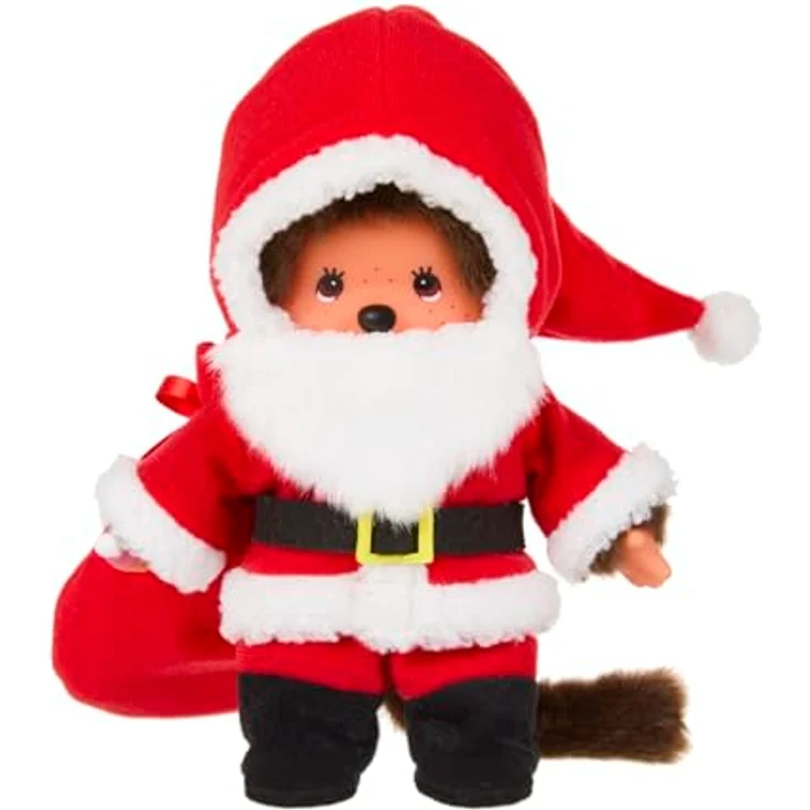 Monchhichi Plüschfigur Junge im Weihnachtsmann-Outfit, 20 cm Puppenfigur mit Nuckel und Beutel, braunes Fell – Bild 2