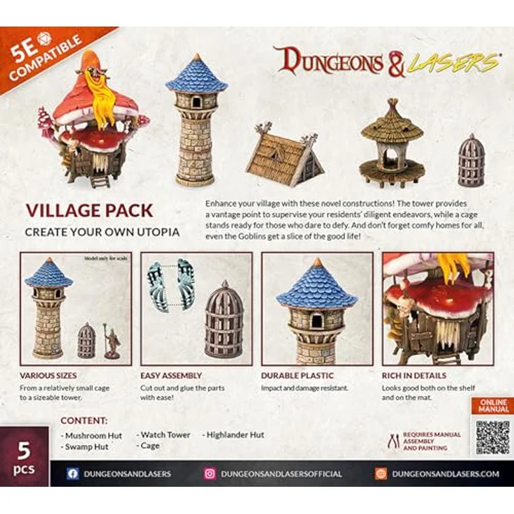 Archon Studio Dungeons & Lasers: Village Pack, 5-teiliges RPG Erweiterungsset mit Pilzhütte, Sumpfhütte, Highlander-Hütte, Wachtturm und Käfig, langlebiger Kunststoff – Bild 3