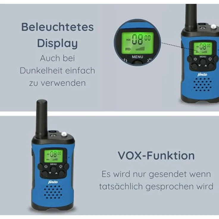 Alecto FR-115 Set von Zwei Walkie Talkies für Kinder - Walki Talki mit Reichweite bis zu 7 Kilometer - 8 Kanäle - Integrierte Taschenlampe - Beleuchtetes Display - Blau/Schwarz – Bild 5
