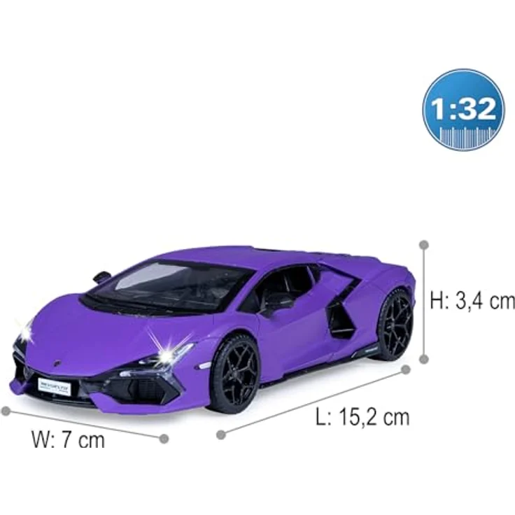 JAMARA 402619 Lamborghini Revuelto Diecast 1:32, Modellauto aus Metall mit manuell öffnenden Türen, LED-Lichtern und realistischen Geräuschen, inkl. Knopfzellen – Bild 3
