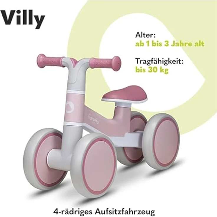 Lionelo VILLY Kinder Laufrad - Lauflernrad Spielzeug mit 4 Rädern, vordere Dämpfung, ergonomischer Sitz - für 12-36 Monate Baby bis 30 kg - Erst Rutschrad Fahrrad für Mädchen und Jungen, verfügbar in 3 Farben – Bild 2