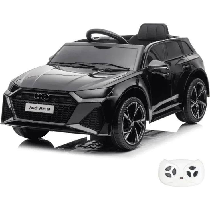 Vrooomy Audi RS6 Kinder Elektro Auto, 12V Akku mit Fernbedienung, Scheinwerfer, Bluetooth MP3-Player, Schwarz, geeignet für 1 bis 5 Jahre