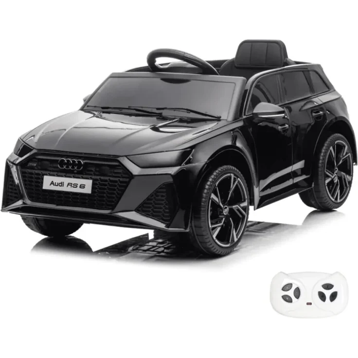 Vrooomy Audi RS6 Kinder Elektro Auto, 12V Akku mit Fernbedienung, Scheinwerfer, Bluetooth MP3-Player, Schwarz, geeignet für 1 bis 5 Jahre