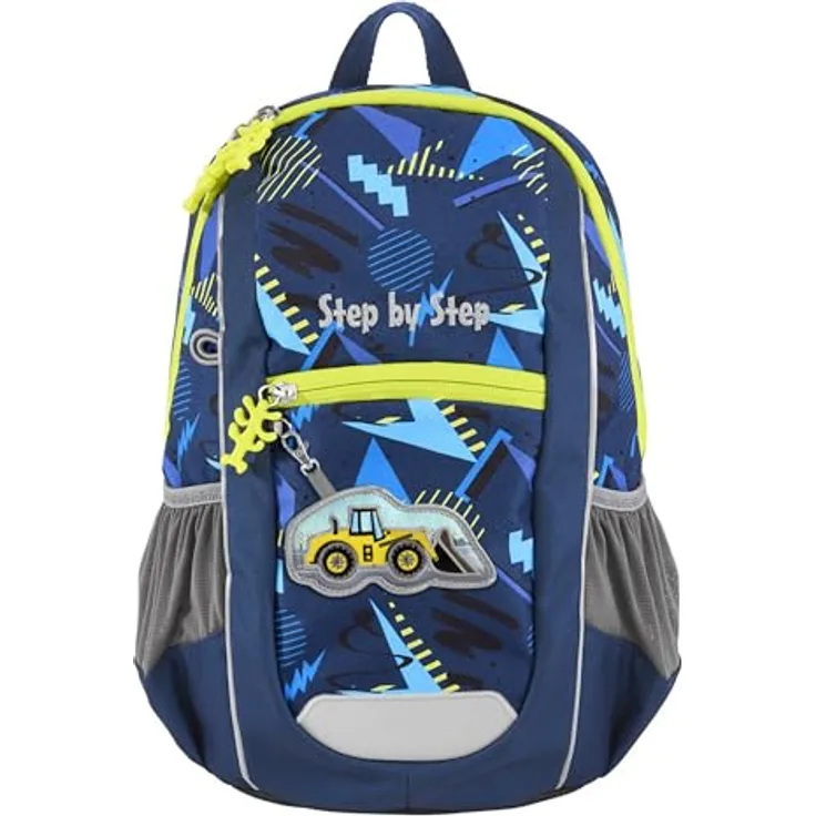Step by Step Rucksack-Set KIGA Maxi „Bagger Bobby“, ergonomischer Mini-Rucksack mit separatem Innenfach, ab 3 Jahren, 10l, blau-gelb