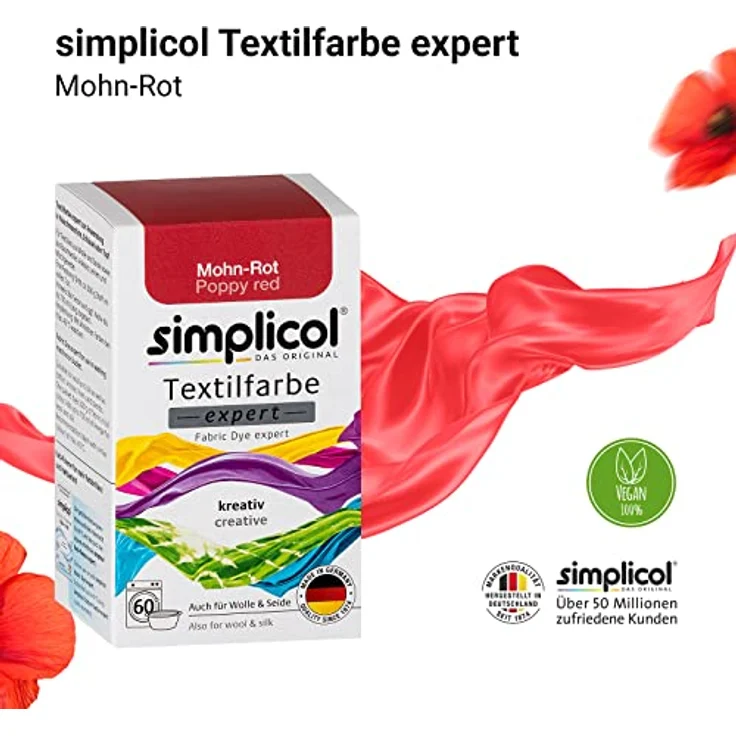 simplicol Textilfarbe expert Mohn-Rot 1703 - Zum Umfärben und Auffrischen von Kleidung, Waschmaschinenfest, für Baumwolle, Wolle, Seide, Leinen, Viskose & Mischgewebe – Bild 4