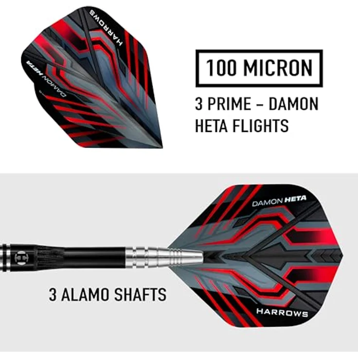 Harrows Damon Heta 90% Tungsten Steel Tip Darts Set, 21g, 23g & 25g mit schwarzem Alamo Schaft, Damons Signature Harrows Flights und Reiseetui (21g) – Bild 5