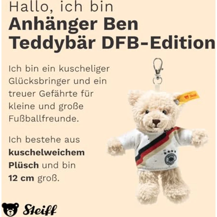 Steiff Ben Teddybär DFB-Anhänger, Kuscheltier mit Kunststoffaugen, 12 cm, beige, handgefertigt, waschbar bei 30 °C – Bild 2
