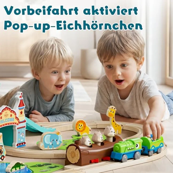 Lehoo Castle Holzeisenbahn, Elektrische Dino-Lok mit interaktiver Pop-up-Tierschiene, Spielzeug ab 3 Jahre – Bild 2