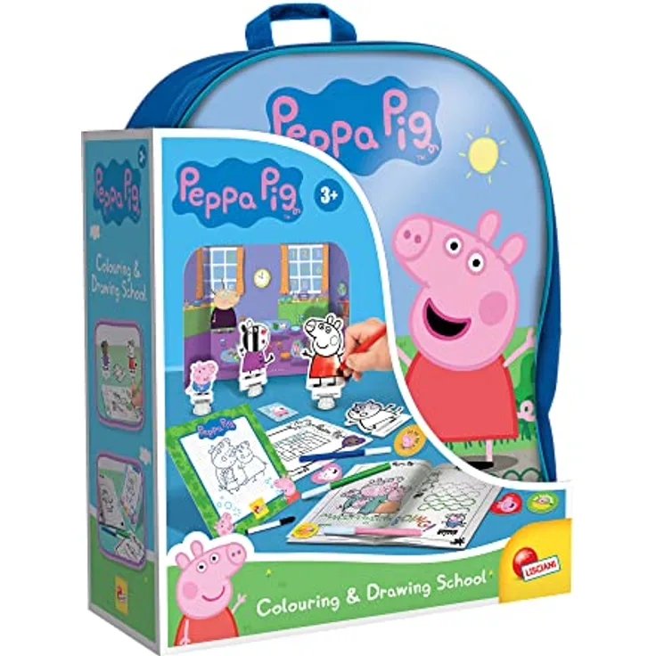 Lisciani Peppa Wutz Mal- und Zeichenschule, Kreativset mit Rucksack, 2 abwischbare Zeichentafeln, 4 doppelseitige Szenarien, 8 Figuren, bunte Stifte, Made in Italy